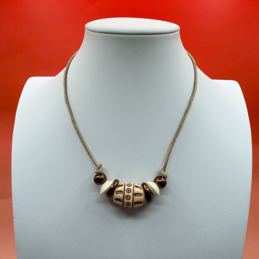 Carved Cream Barrel Bead Necklace Copper Tone Cord Boho Artisan Chunky Statement